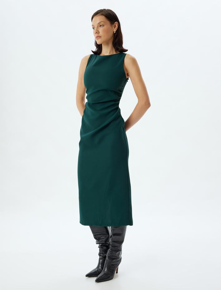  Kalem Elbise Midi Boy Kolsuz Bisiklet Yaka Krep Kumaş Slim Fit