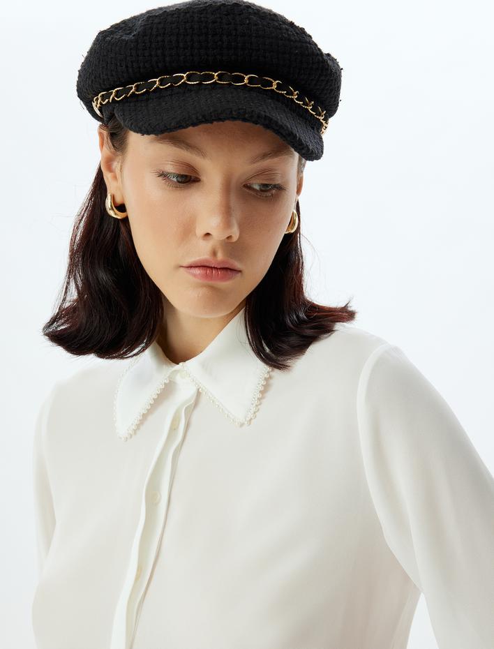  Yakası İnci Taşlı Gömlek Uzun Kollu Krep Kumaş