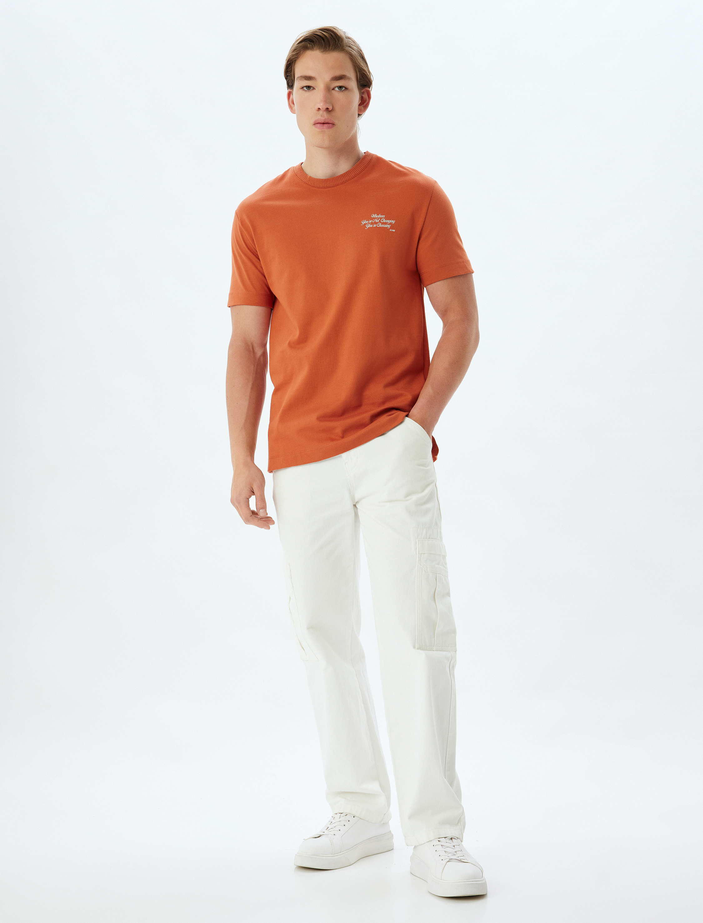   Bisiklet Yaka Arkası Baskılı Pamuklu Kısa Kollu Tişört