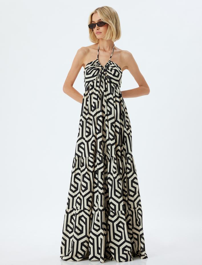  Halter Yaka Uzun Yazlık Elbise Astarsız Fiyonklu Geometrik Desenli