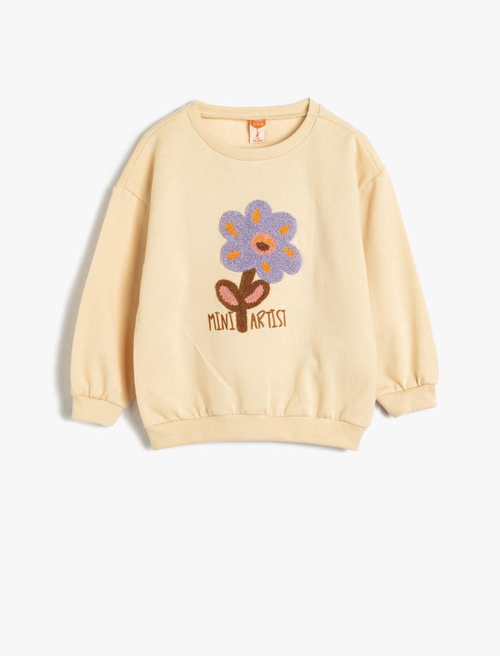 Kız Bebek Sweatshirt Çiçek Aplike Detaylı Uzun Kollu Bisiklet Yaka Şardonlu Pamuklu