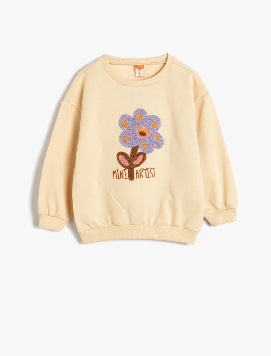  Kız Bebek Sweatshirt Çiçek Aplike Detaylı Uzun Kollu Bisiklet Yaka Şardonlu Pamuklu