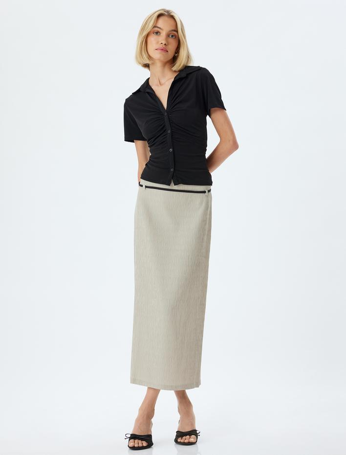  Drapeli Kısa Kollu Bluz Gömlek Yaka Düğmeli