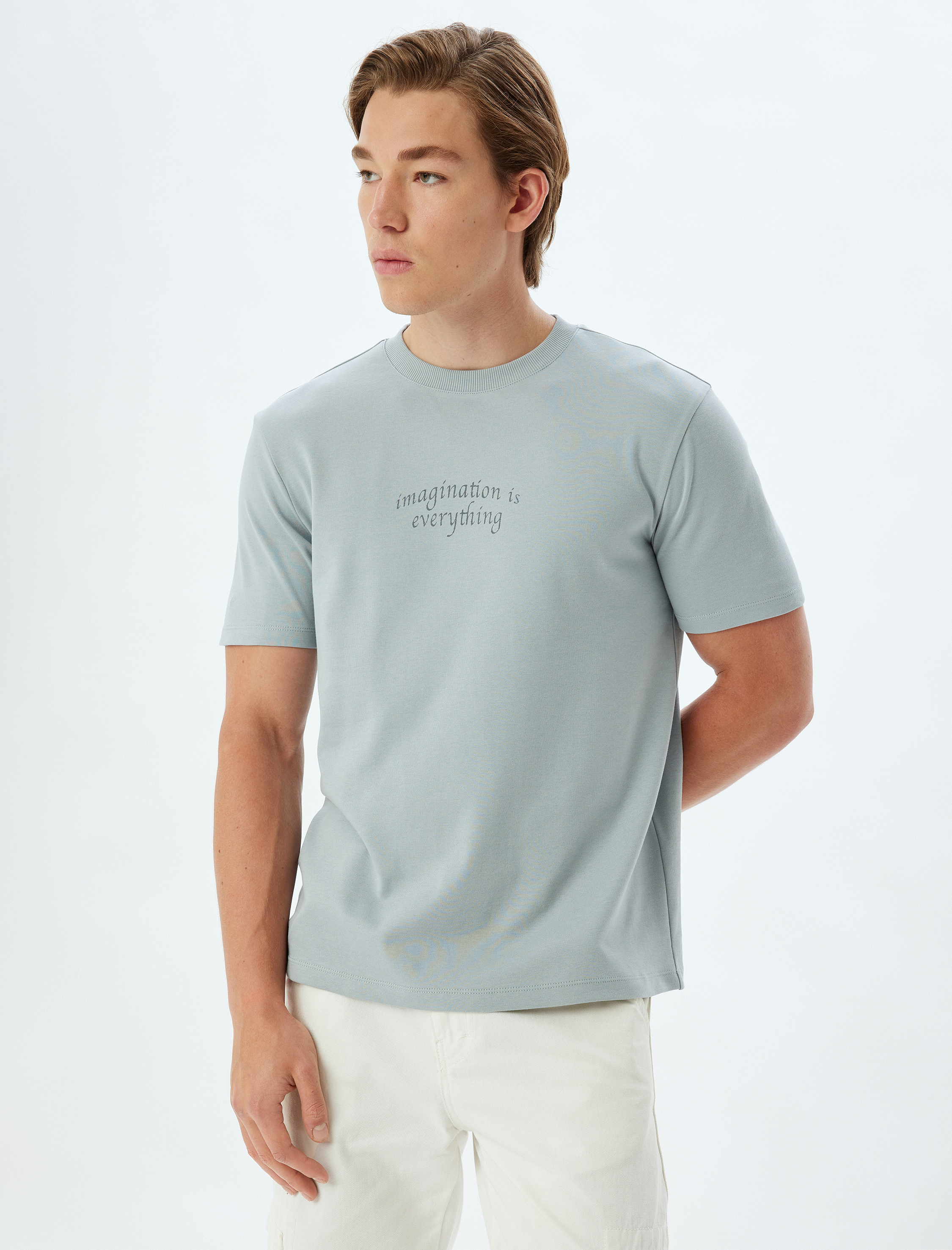   Pamuklu Kısa Kollu Bisiklet Yaka Slogan Baskılı Tişört