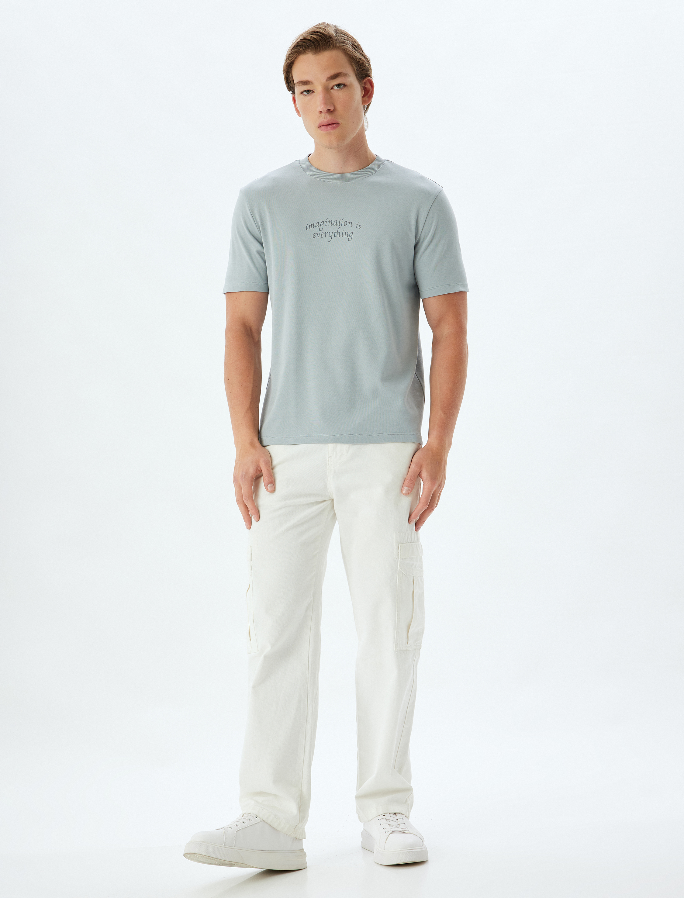   Pamuklu Kısa Kollu Bisiklet Yaka Slogan Baskılı Tişört