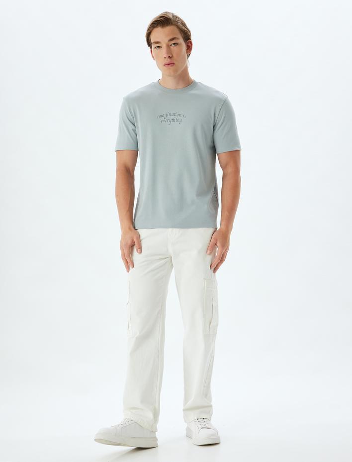  Pamuklu Kısa Kollu Bisiklet Yaka Slogan Baskılı Tişört