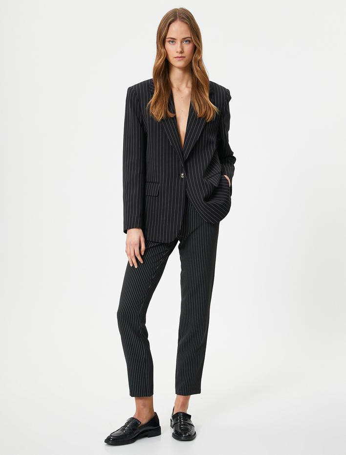  Oversize Blazer Ceket Tek Düğmeli Kapaklı Cepli