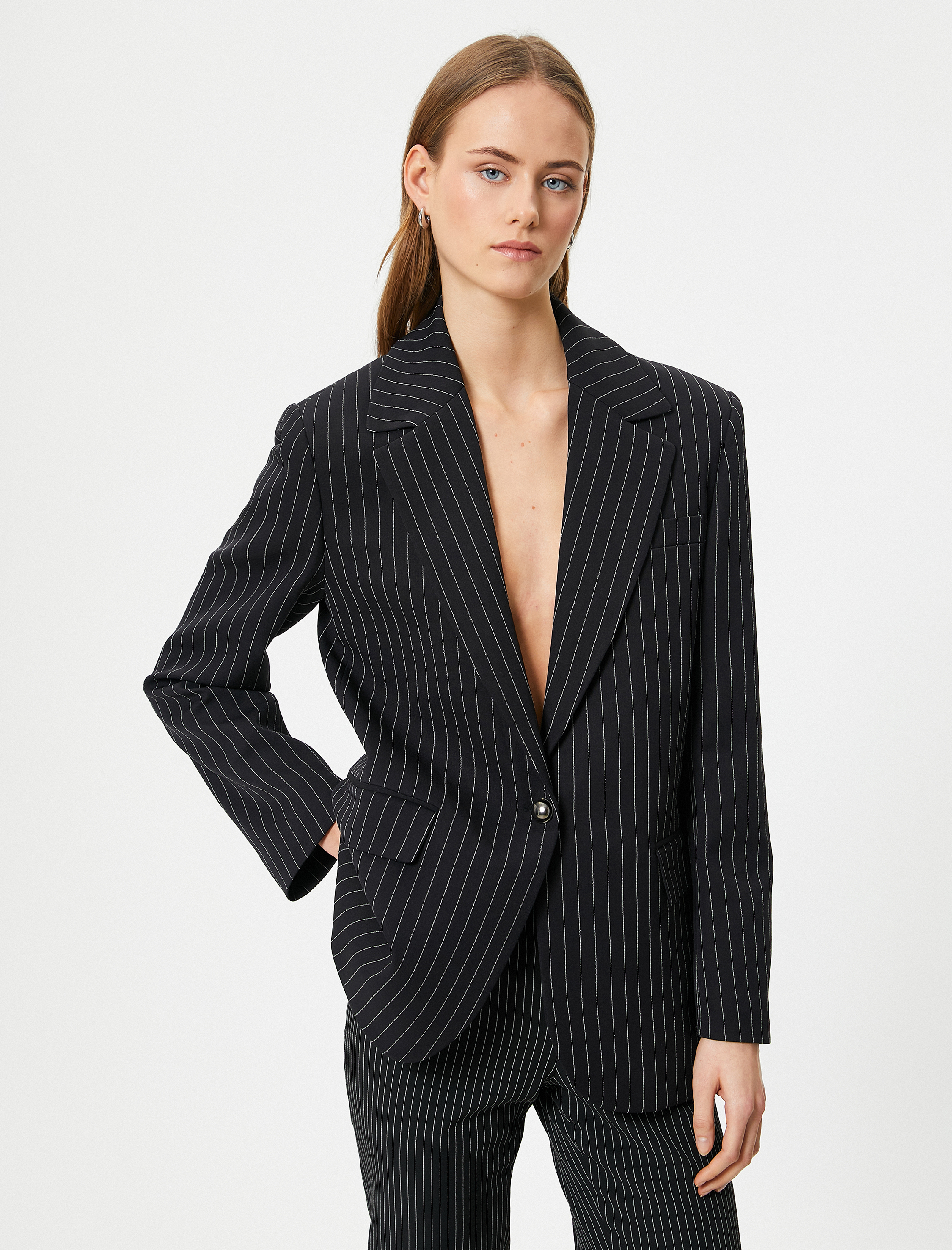   Oversize Blazer Ceket Tek Düğmeli Kapaklı Cepli