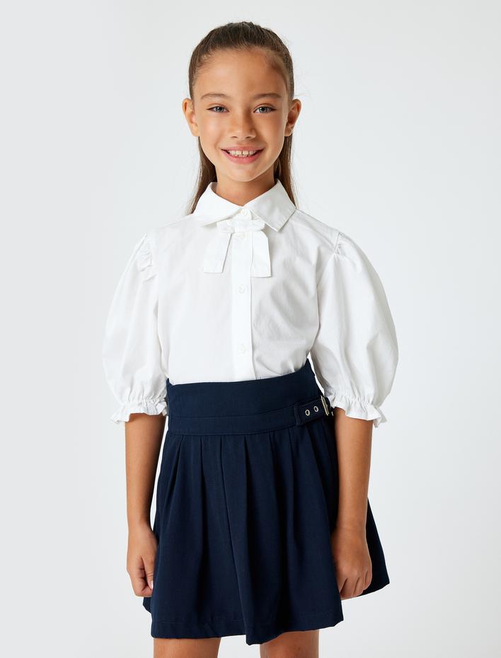 Kız Çocuk Fiyonk Detaylı Düğmeli Kısa Kollu Pamuklu Okul Gömleği