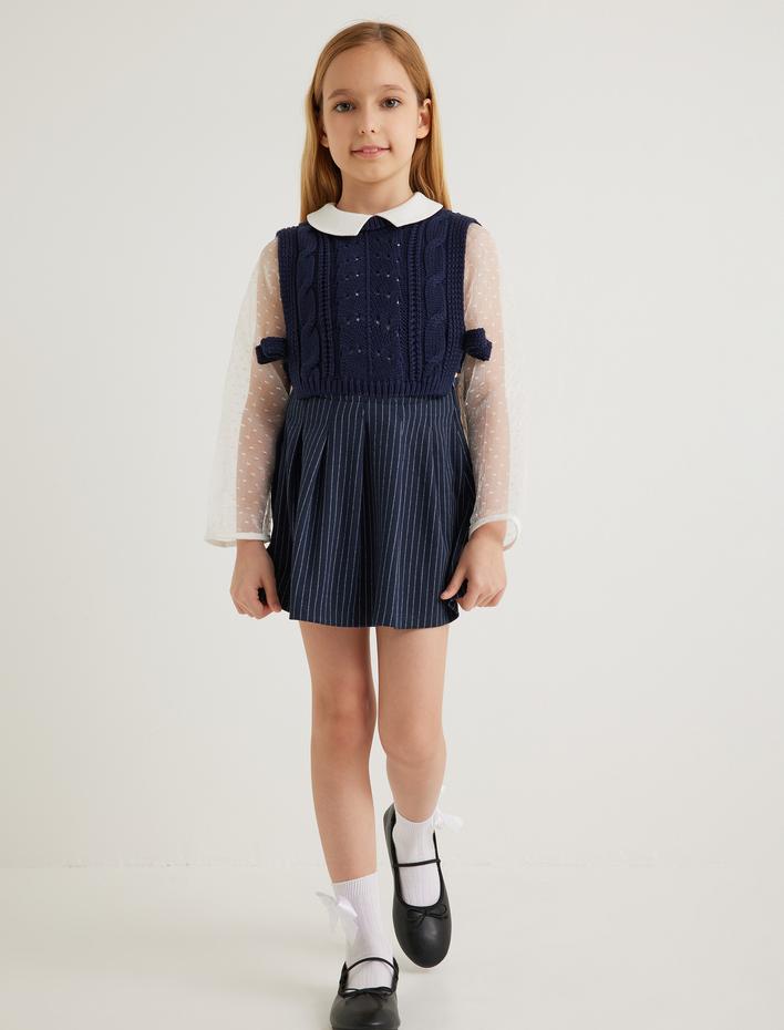 Kız Çocuk Fiyonk Detaylı Bisiklet Yaka Örgü Detaylı Crop Süveter