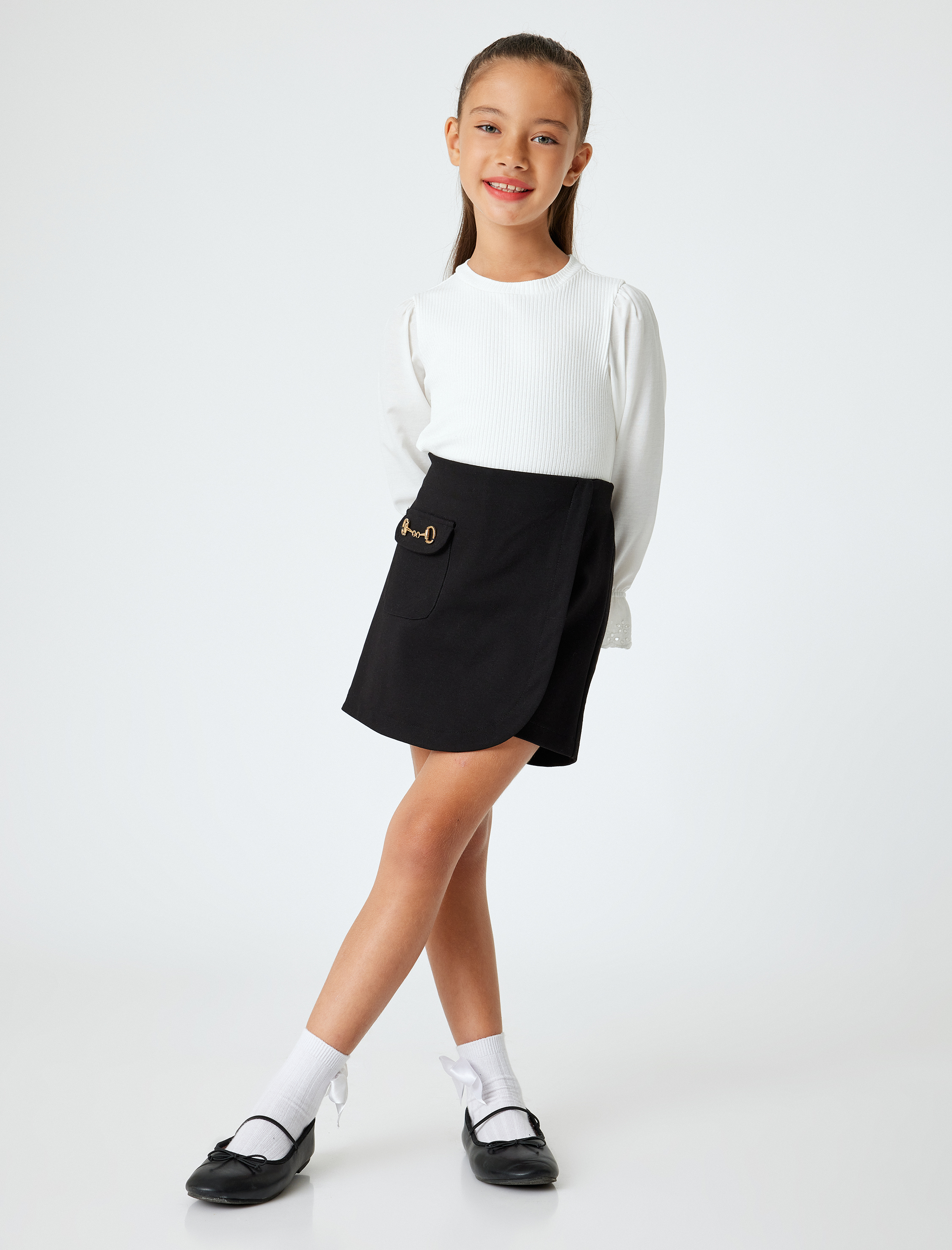 Kız Çocuk Uzun Kollu Yuvarlak Yaka Manşetleri Lastikli Pamuklu Basic Okul Tişörtü