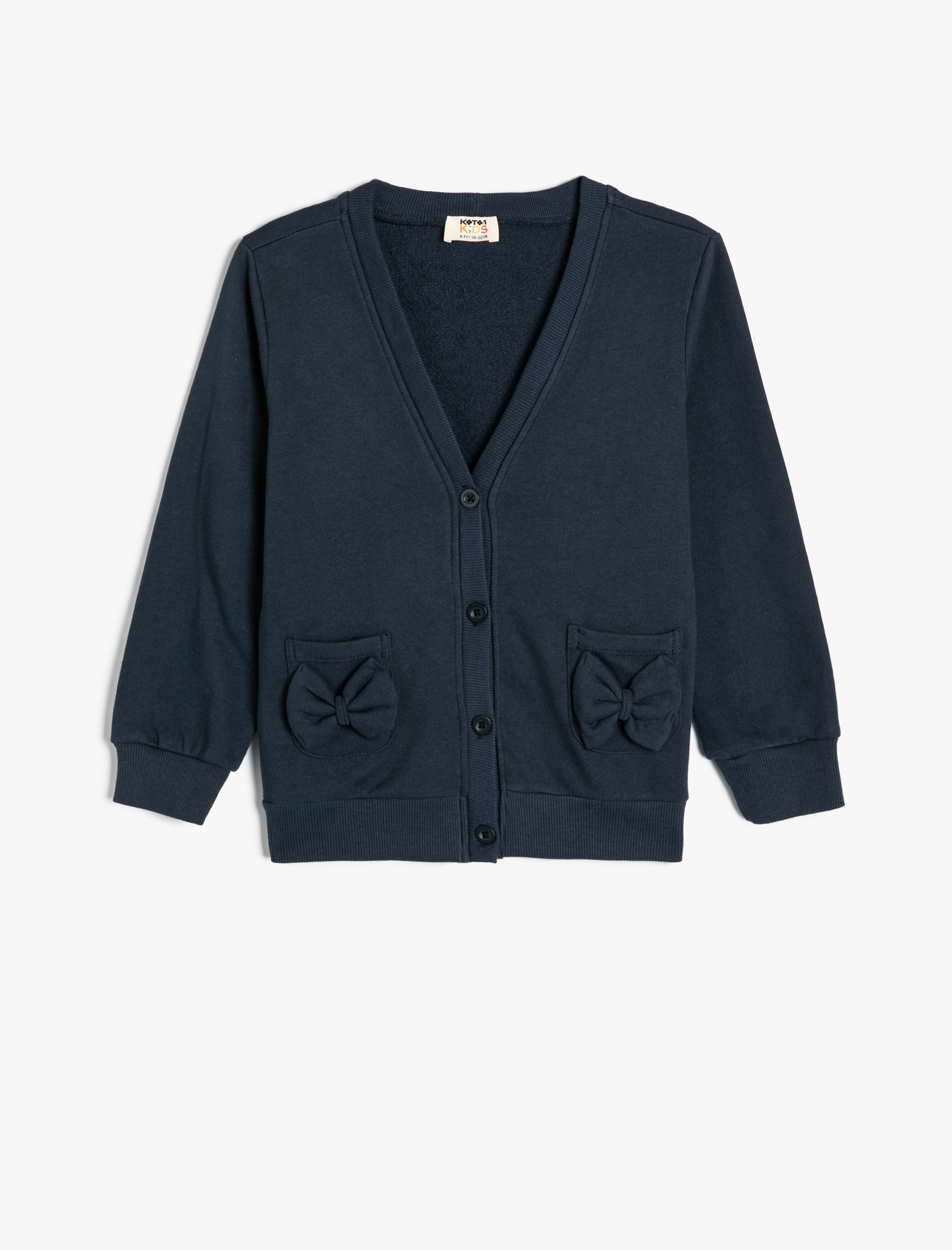  Kız Çocuk Düğme Kapamalı Yaka Fiyonk Detaylı Cepli Pamuklu Sweatshirt