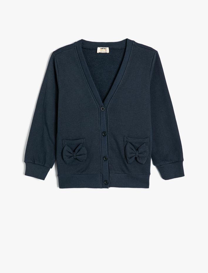 Kız Çocuk Düğme Kapamalı Yaka Fiyonk Detaylı Cepli Pamuklu Okul Sweatshirt