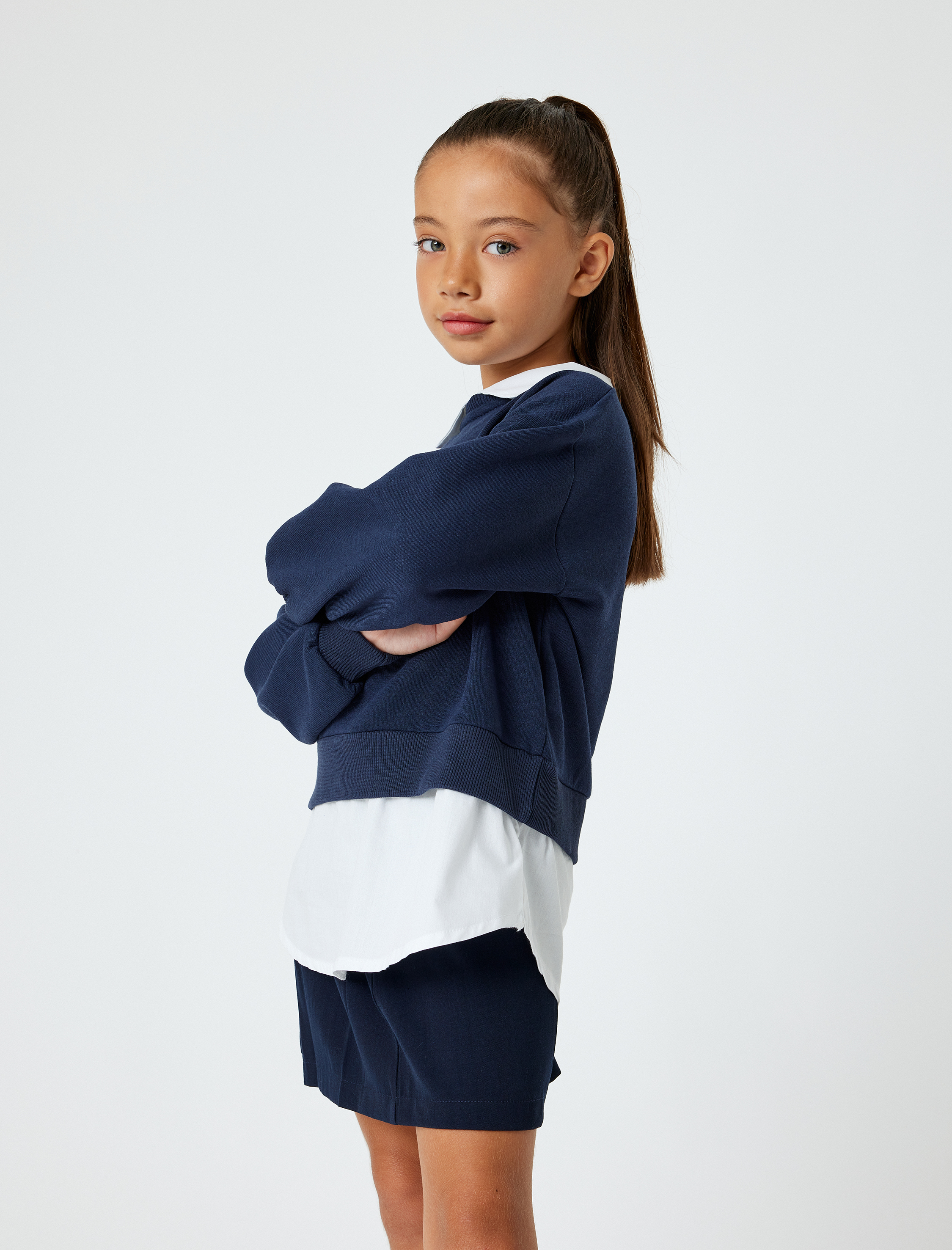  Kız Çocuk Çift Kumaşlı Uzun Kollu Gömlek Yaka Sweatshirt