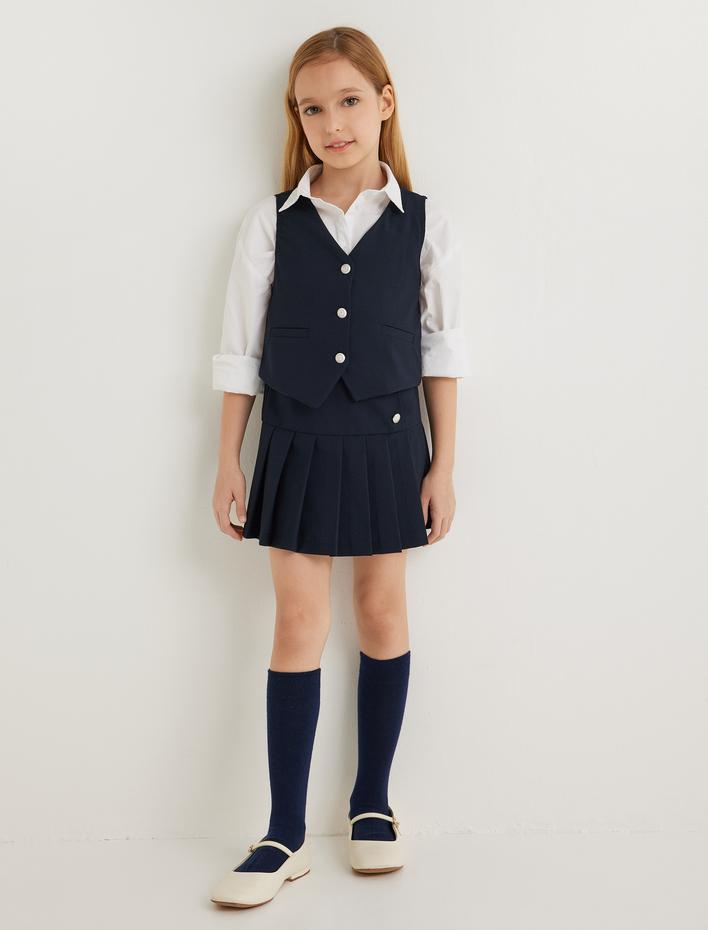Kız Çocuk Düğmeli V Yaka Blazer Okul Yeleği