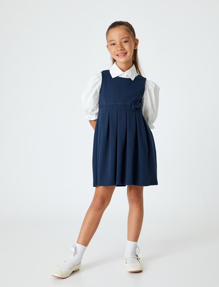 Kız Çocuk Pileli Kolsuz Yuvarlak Yaka Pamuklu Okul Elbisesi