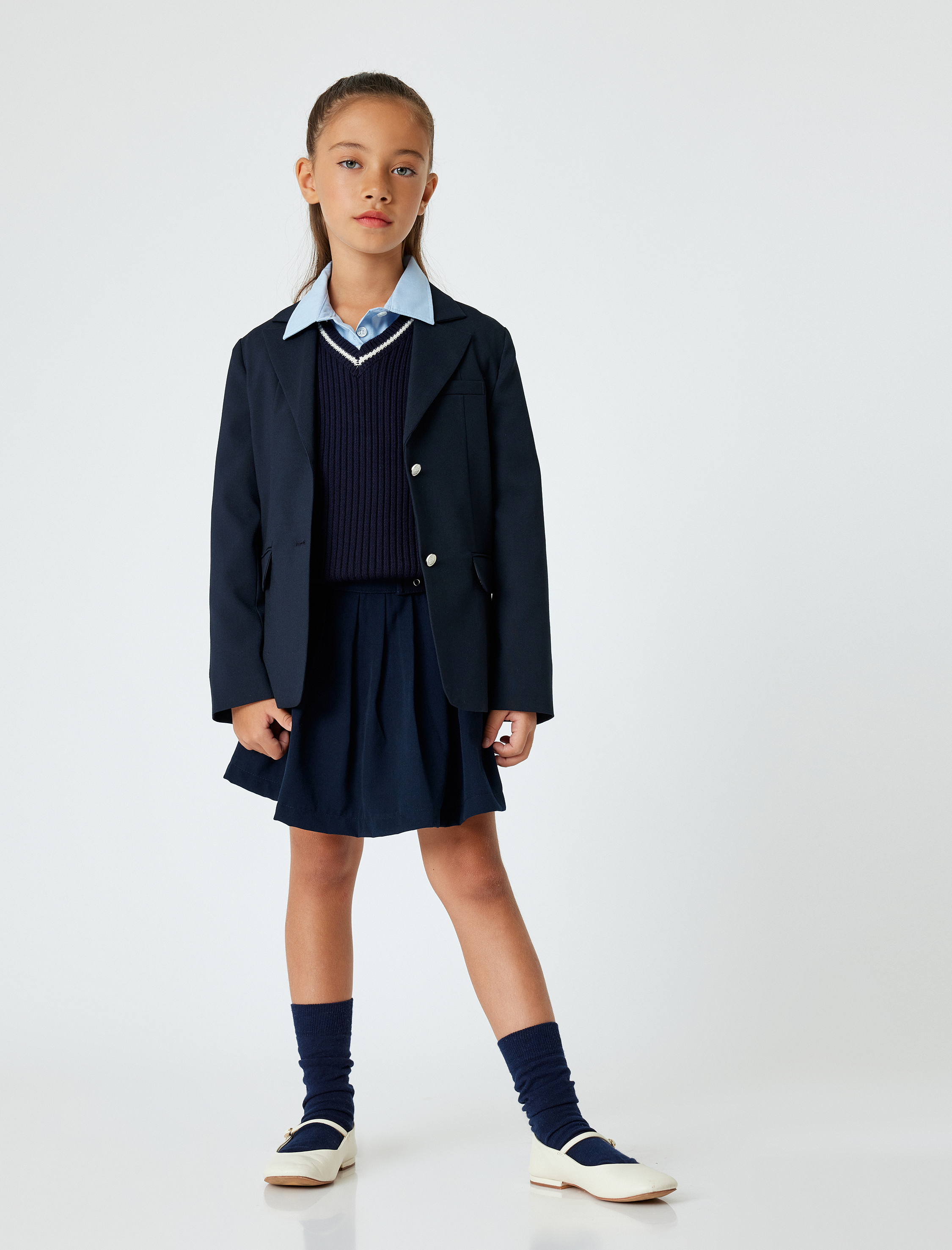  Kız Çocuk Klasik Yaka Cep Detaylı Uzun Kollu Düğmeli Blazer Okul Ceketi