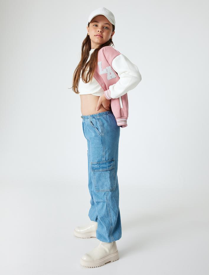 Kız Çocuk Paraşüt Kot Pantolon Pamuklu Beli Lastikli Cepli - Parachute Jean