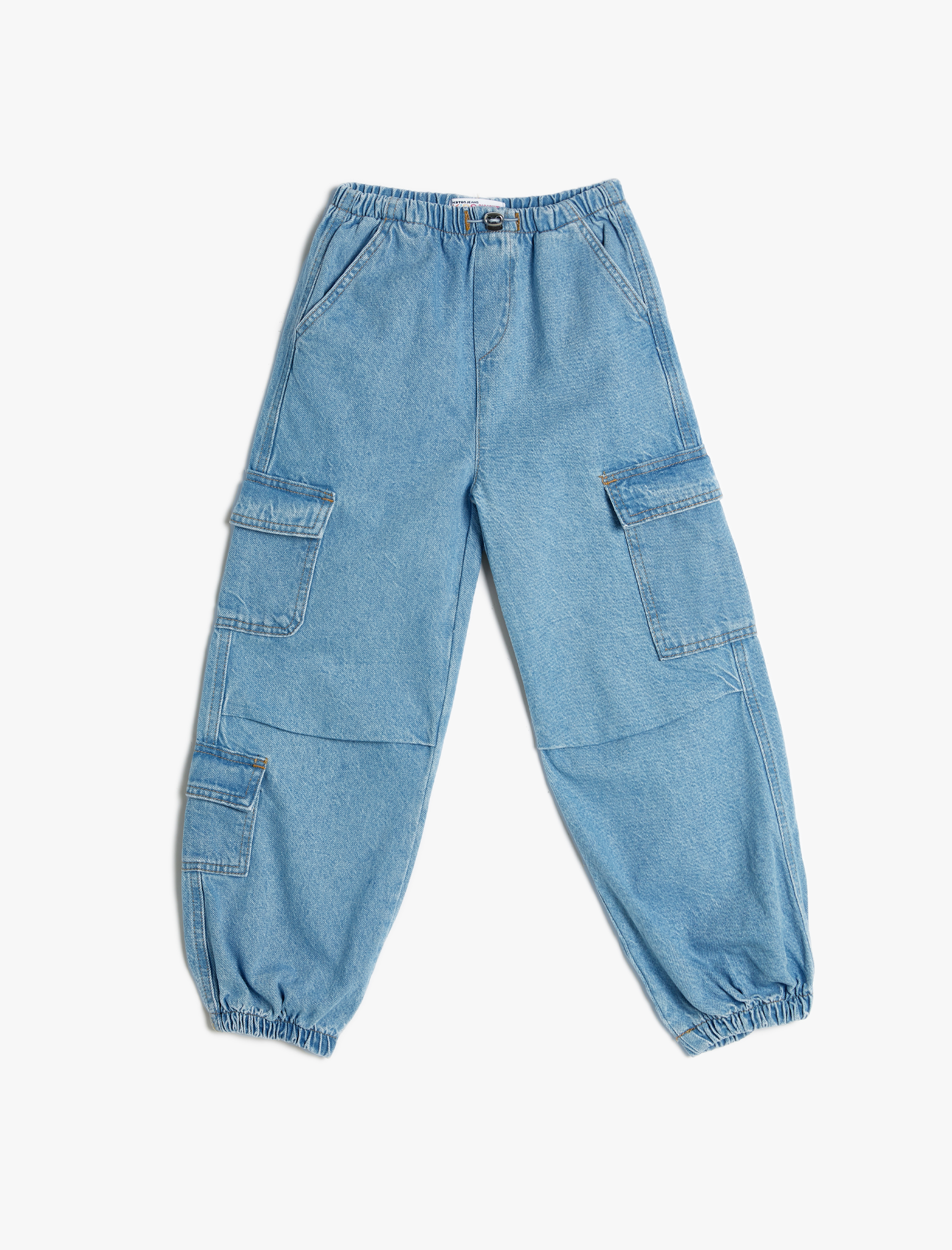  Kız Çocuk Paraşüt Kot Pantolon Pamuklu Beli Lastikli Cepli - Parachute Jean