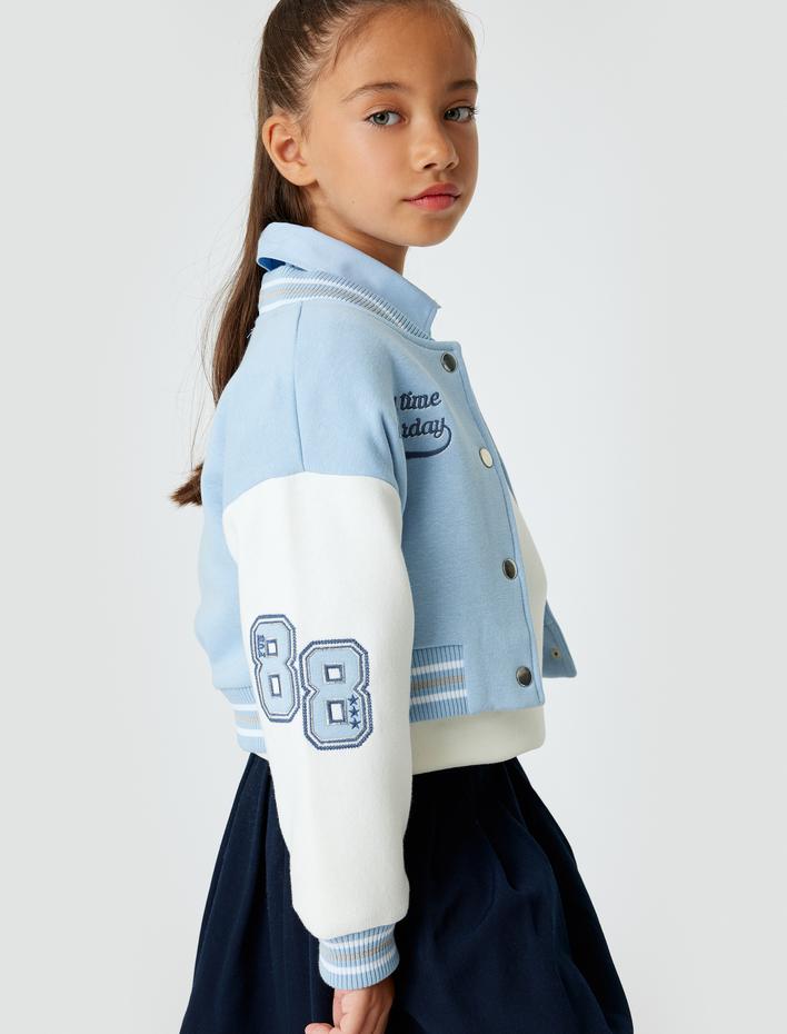 Kız Çocuk Bomber Kolej Ceket Şardonlu Aplike Detaylı Uzun Kollu Renk Bloklu