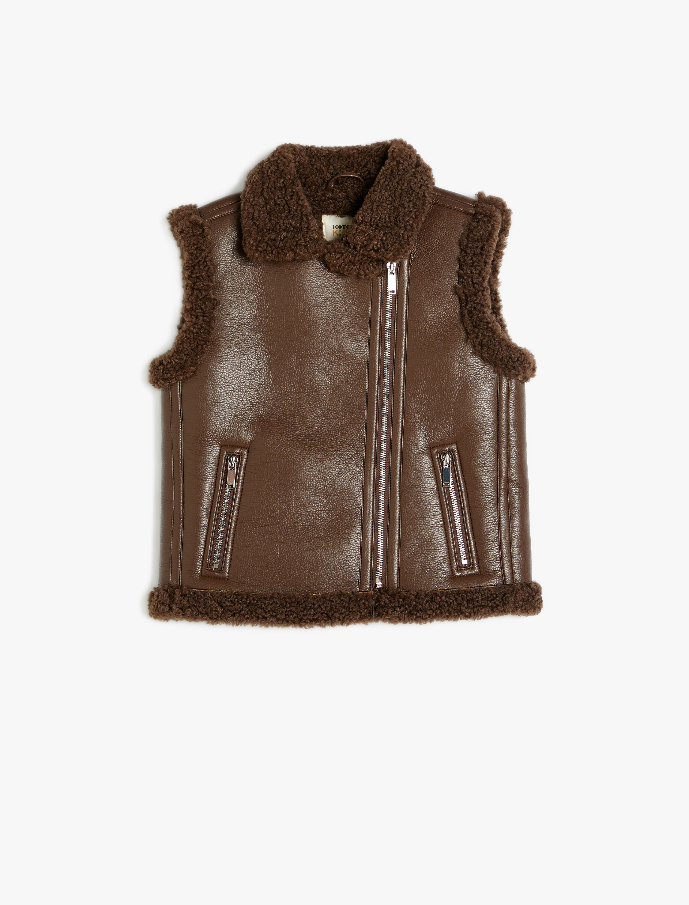  Kız Çocuk Peluş Detaylı Fermuarlı Suni Deri Yelek