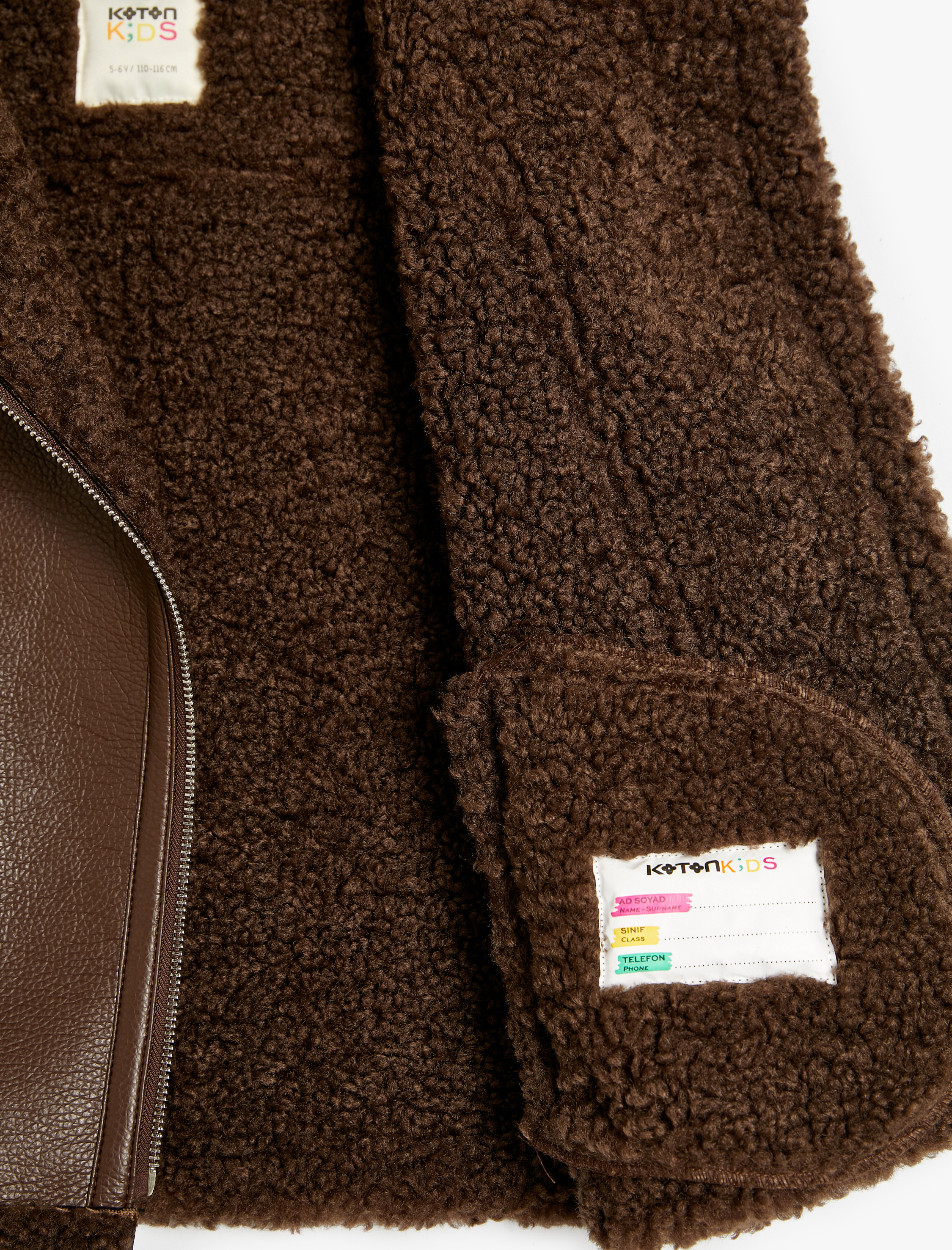  Kız Çocuk Peluş Detaylı Fermuarlı Suni Deri Yelek