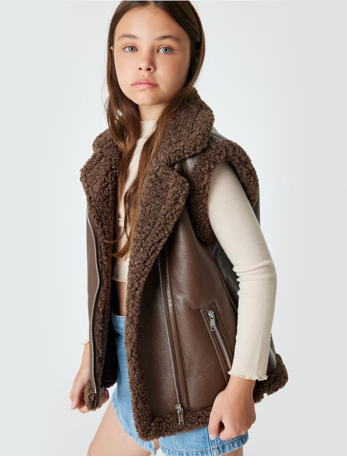 Kız Çocuk Peluş Detaylı Fermuarlı Suni Deri Yelek