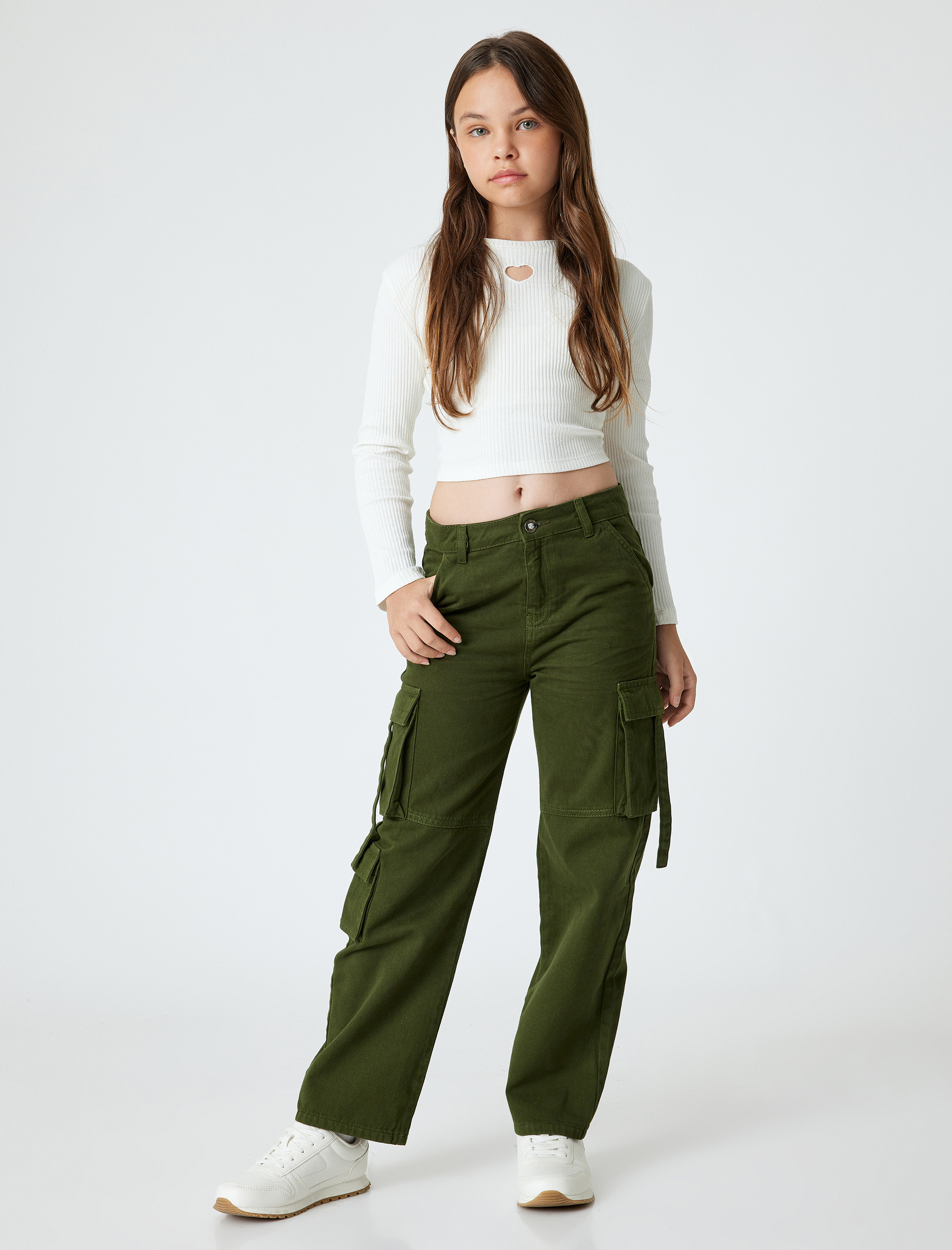  Kız Çocuk Basic Crop Tişört Kalp Pencere Detaylı Uzun Kollu Bisiklet Yaka