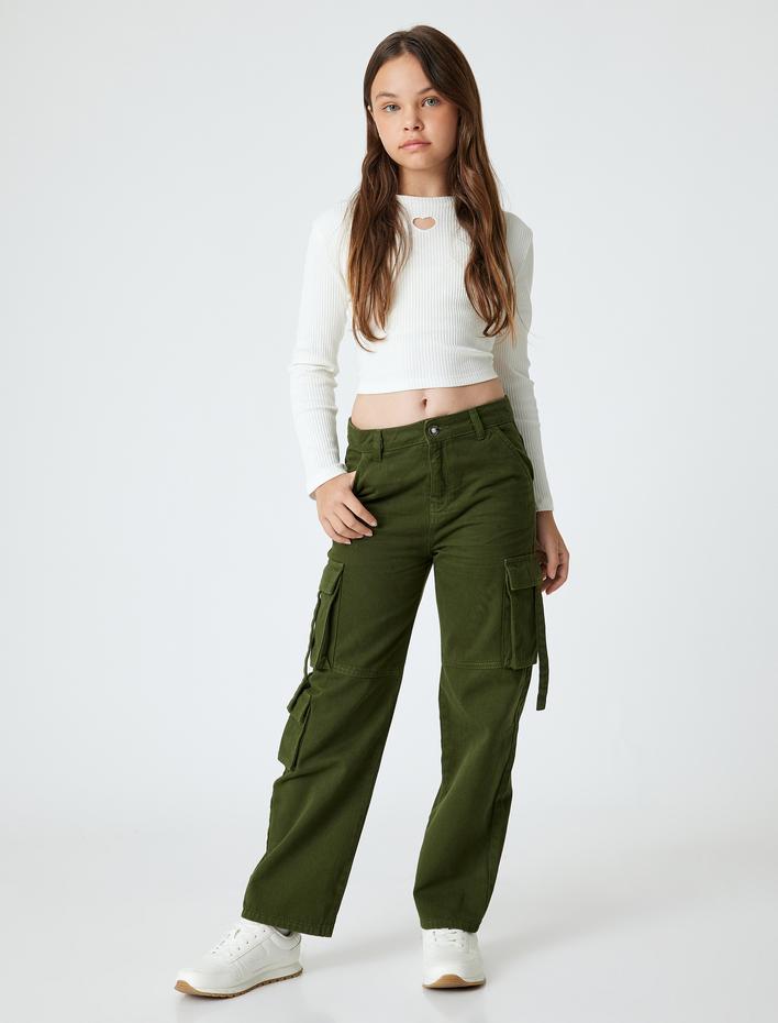 Kız Çocuk Basic Crop Tişört Kalp Pencere Detaylı Uzun Kollu Bisiklet Yaka