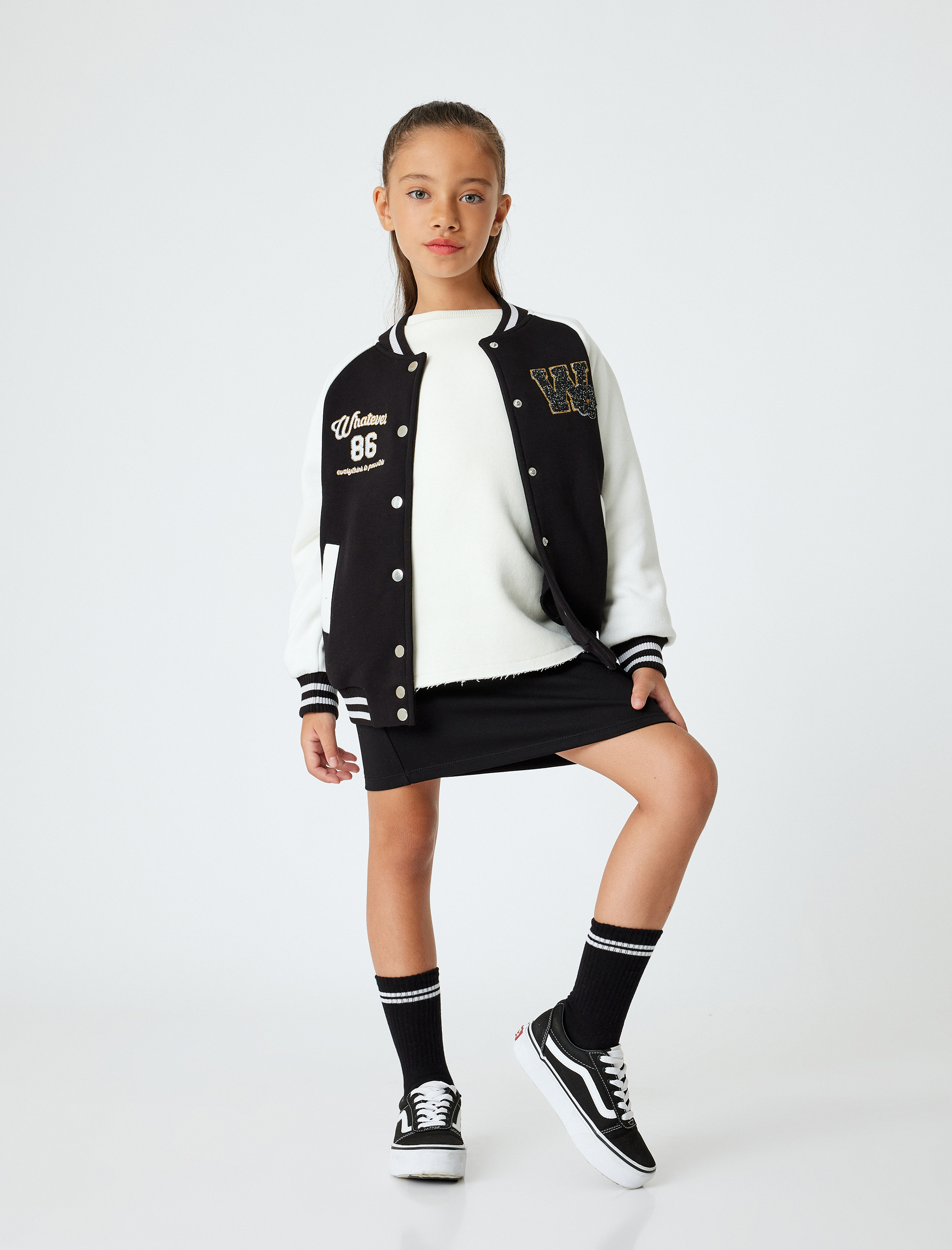  Kız Çocuk Kolej Ceket Aplike Detaylı Uzun Kollu Renk Bloklu Çıtçıt Kapamalı Şardonlu