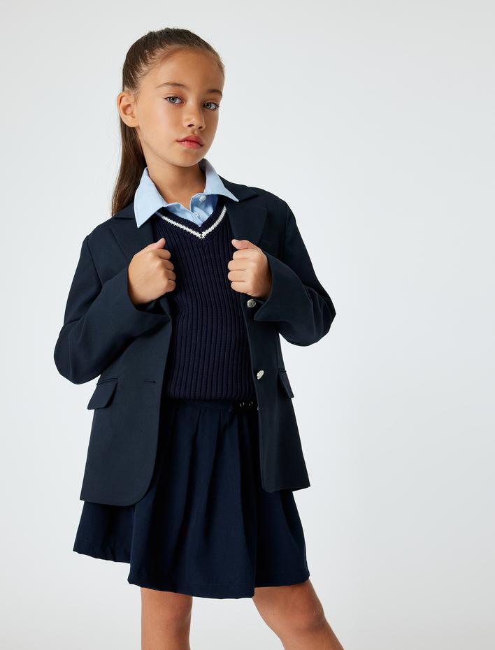 Kız Çocuk Kemer Detaylı Viskon Kumaş Pileli Okul Eteği