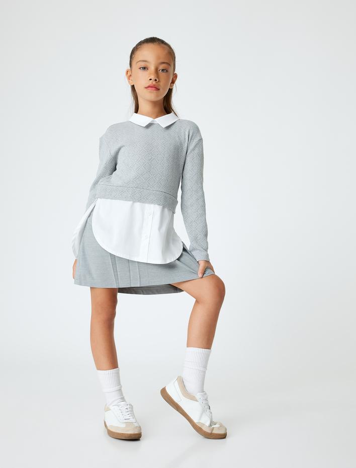 Kız Çocuk Gömlek Detaylı Sweatshirt Çift Kumaş Detaylı