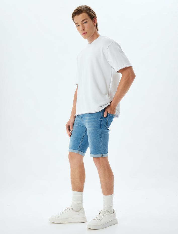  Slim Fit Kot Şort Bermuda Cep Detaylı Pamuklu