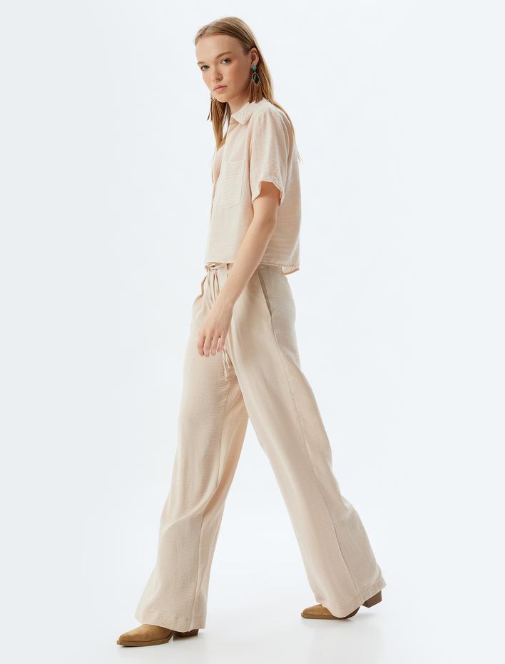  Geniş Paça Pantolon Düğmeli Beli Bağcıklı Normal Bel