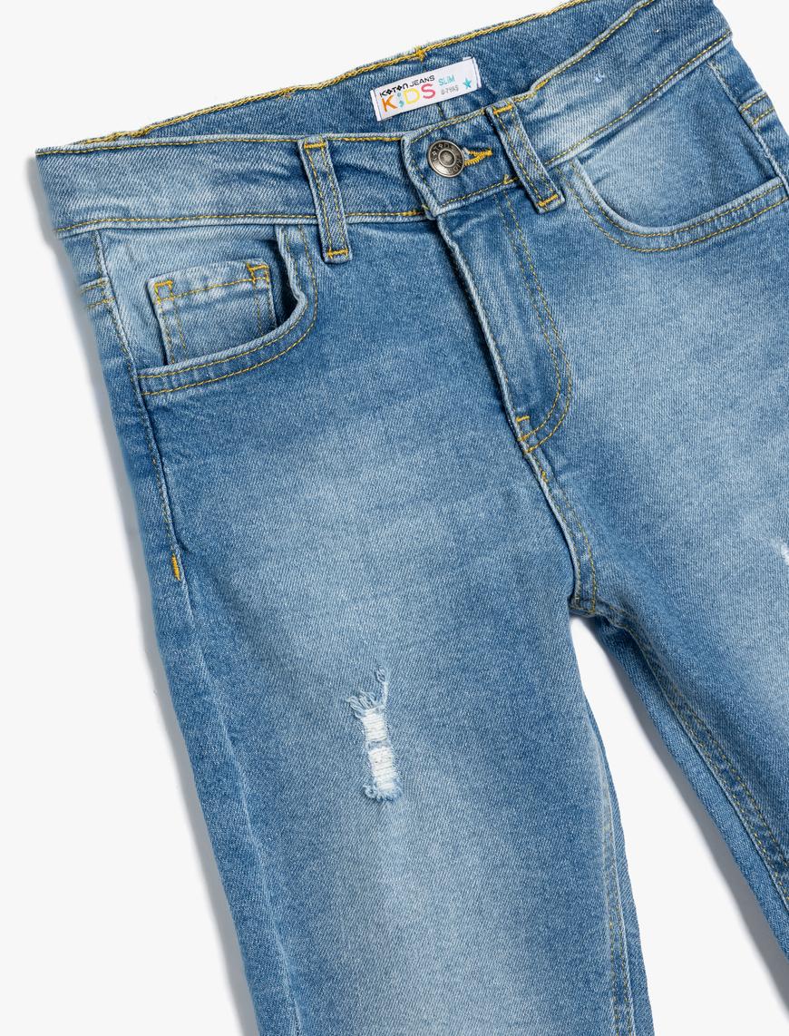  Erkek Çocuk Kot Pantolon Ayarlanabilir Lastikli Pamuklu - Slim Jean