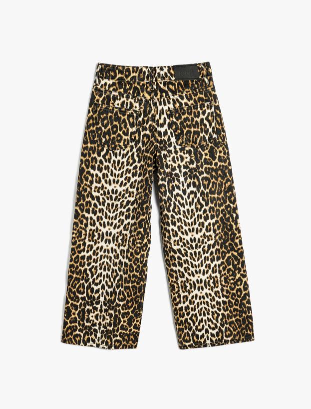 Leopar Desenli Kot Pantolon Bol Paça Beli Lastikli Pamuklu - Wide Leg Jean_3