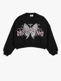 Crop Sweatshirt Kelebek Baskılı Uzun Kollu Bisiklet Yaka