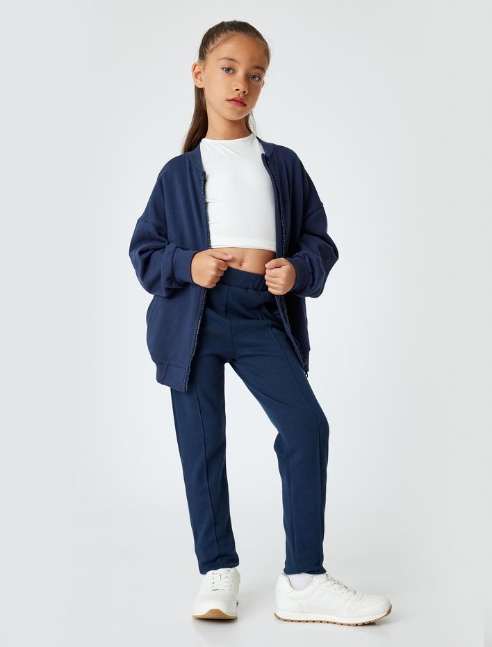 Kız Çocuk Beli Lastikli Cepli Fırfır Detaylı Pamuklu Basic Okul Taytı