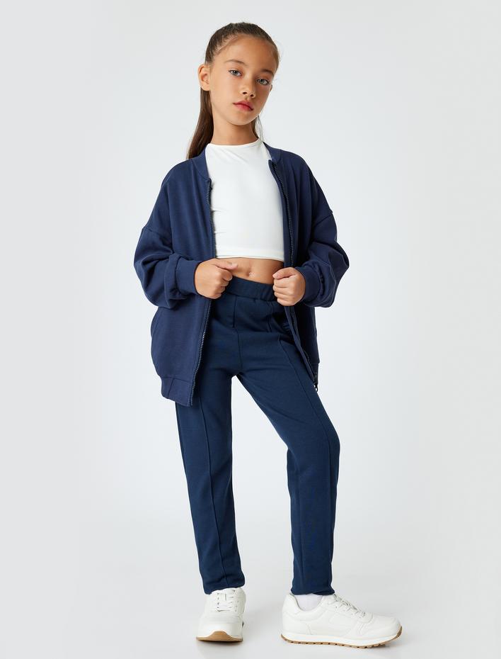 Kız Çocuk Uzun Kollu Yuvarlak Yaka Cepli Pamuklu Fermuarlı Okul Sweatshirt