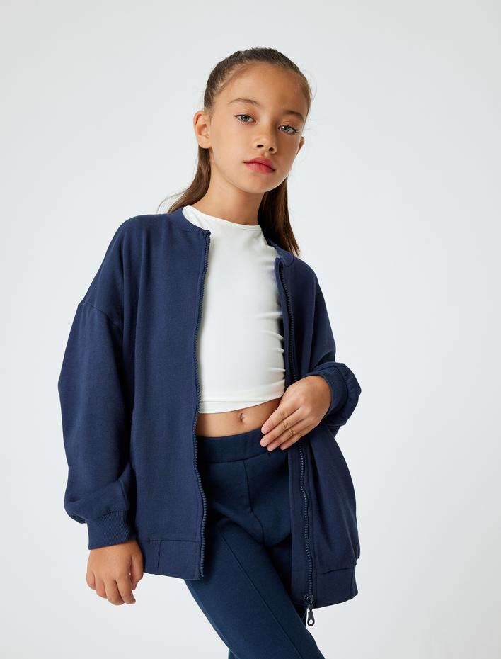 Kız Çocuk Uzun Kollu Yuvarlak Yaka Cepli Pamuklu Fermuarlı Okul Sweatshirt