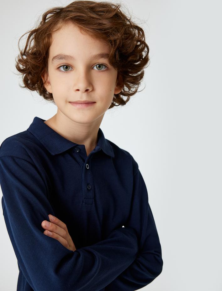 Erkek Çocuk Uzun Kollu Pamuklu Polo Yaka Basic Tişört