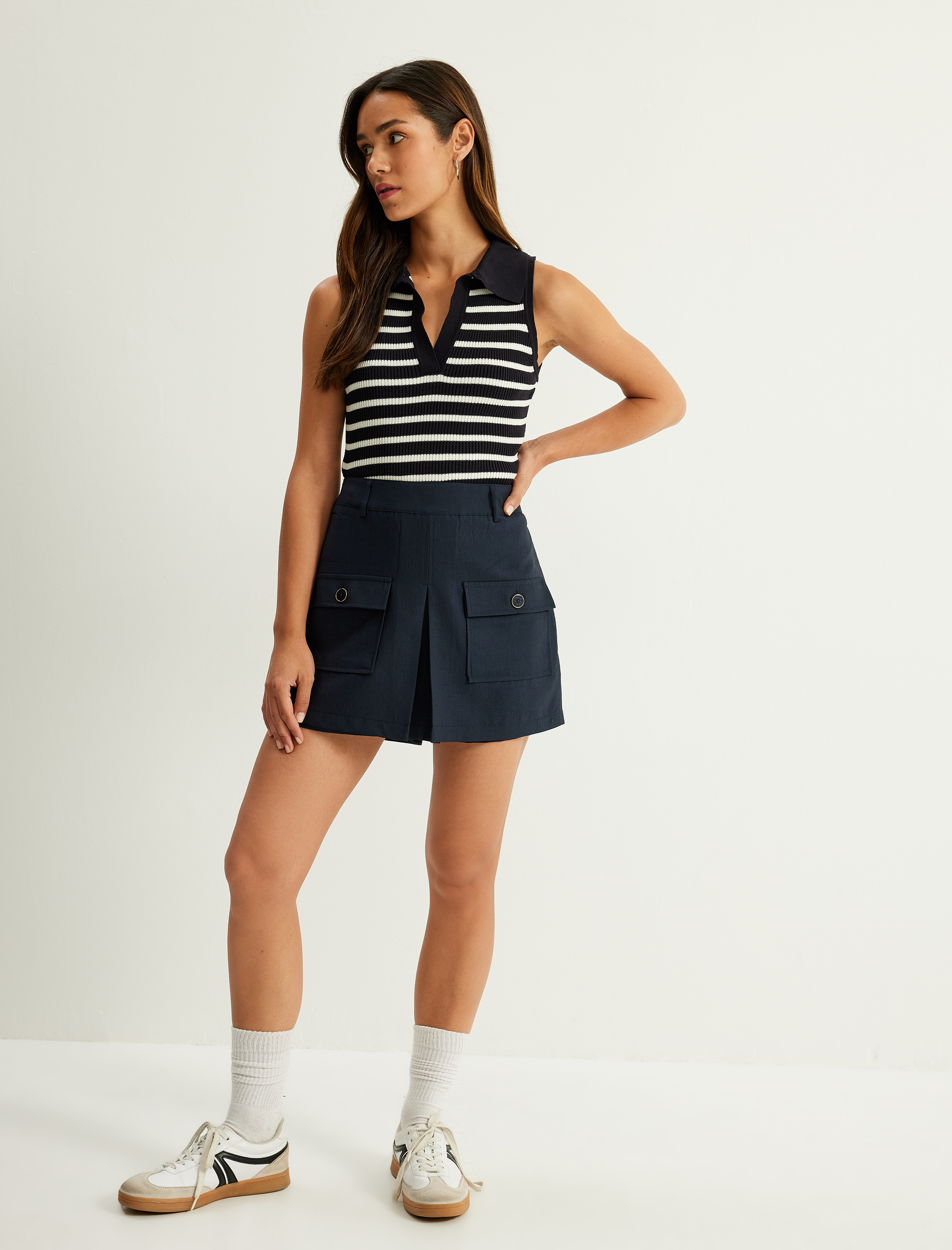   Çizgili Fitilli Triko Kolsuz Polo Yaka Kazak