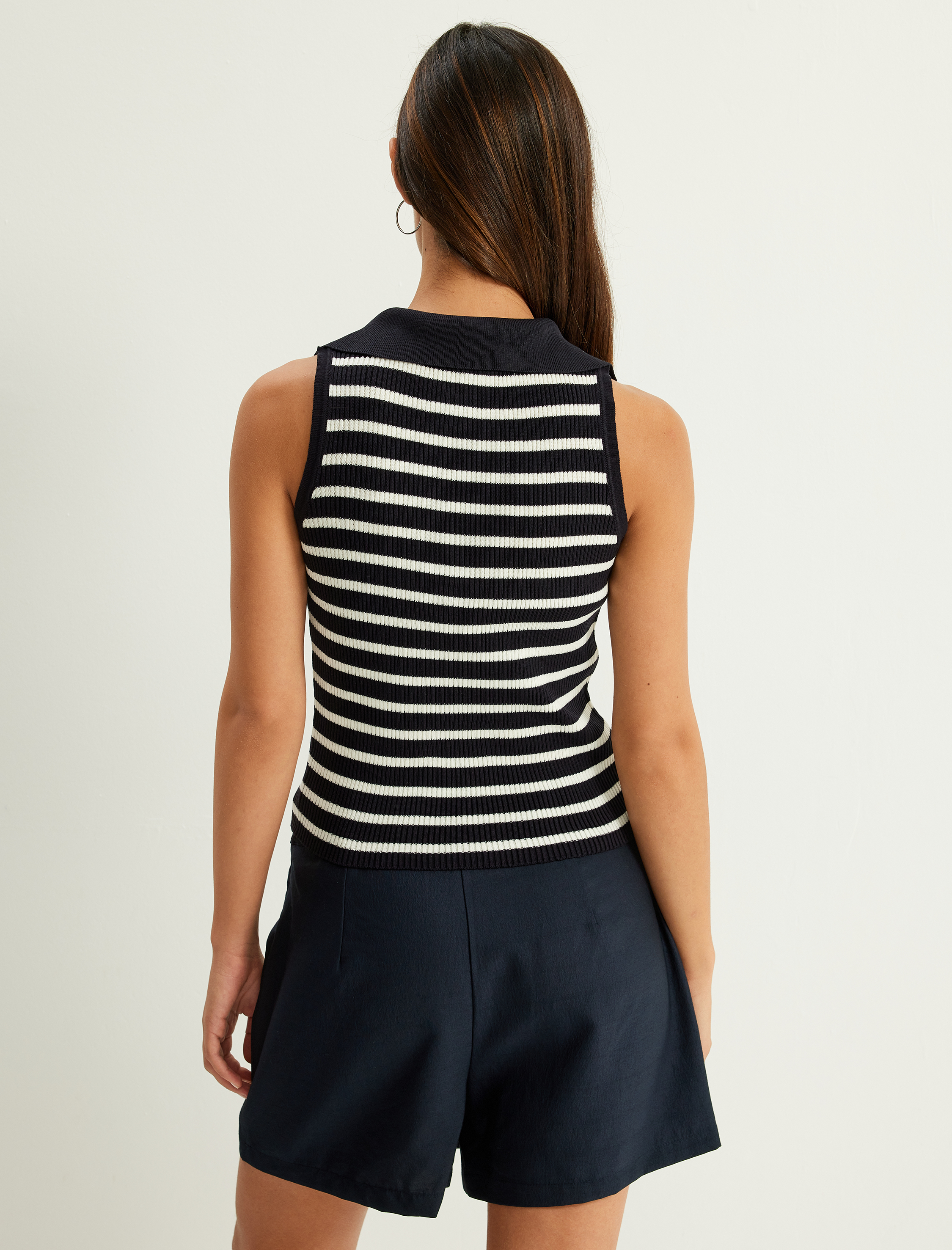   Çizgili Fitilli Triko Kolsuz Polo Yaka Kazak