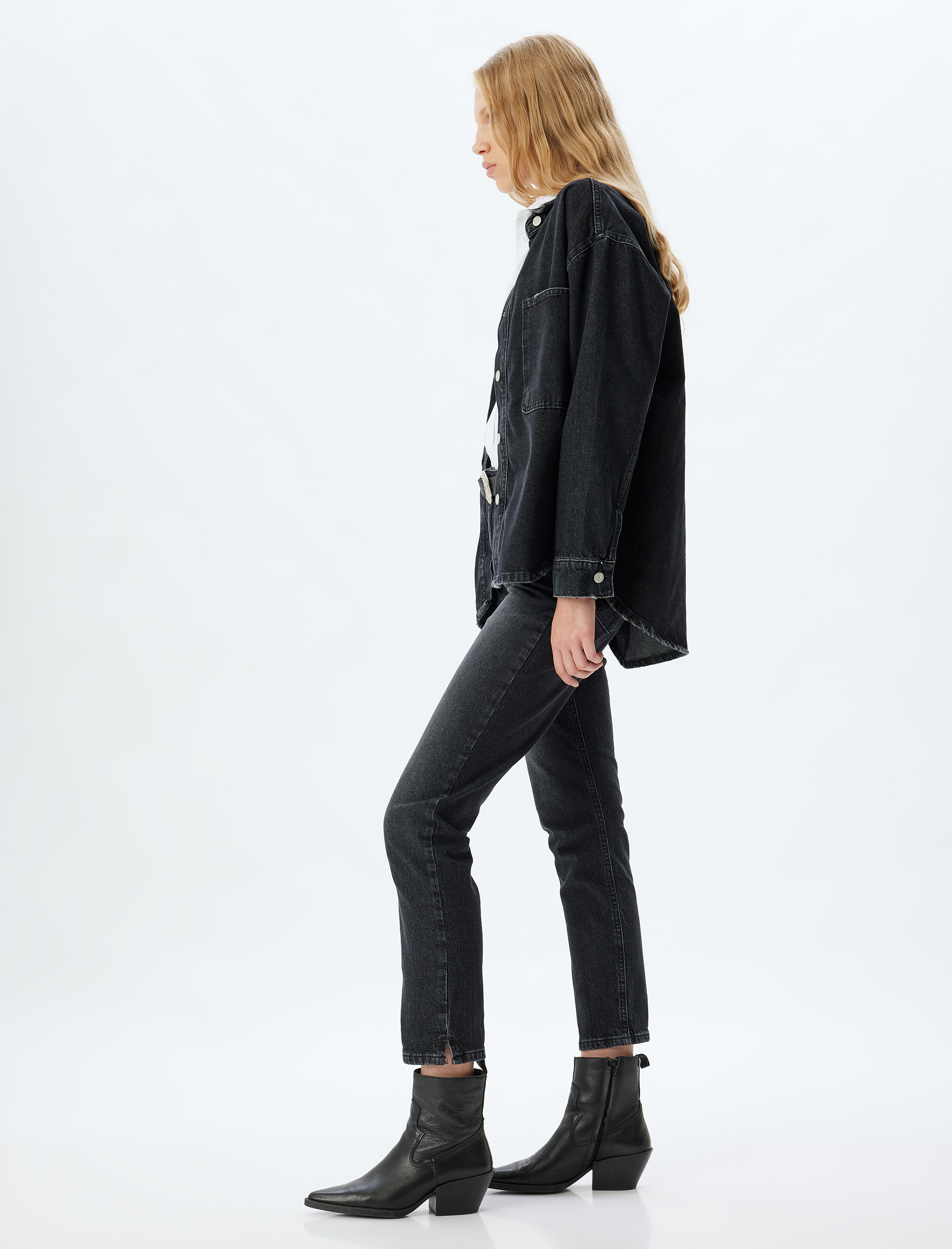   Yüksek Bel Kot Pantolon Düz Paça Düğmeli Pamuklu - Slim Straight Fit Jean