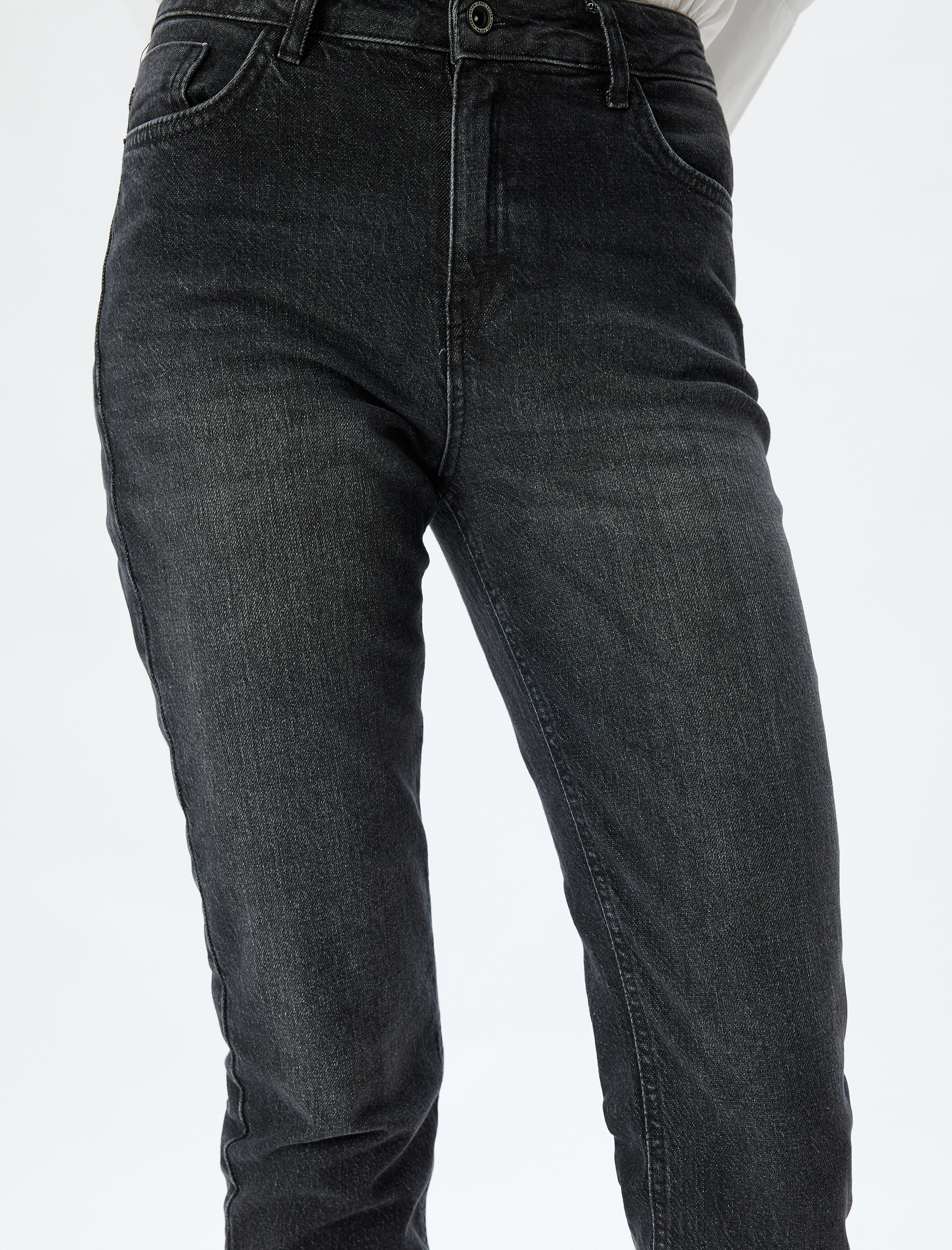   Yüksek Bel Kot Pantolon Düz Paça Düğmeli Pamuklu - Slim Straight Fit Jean