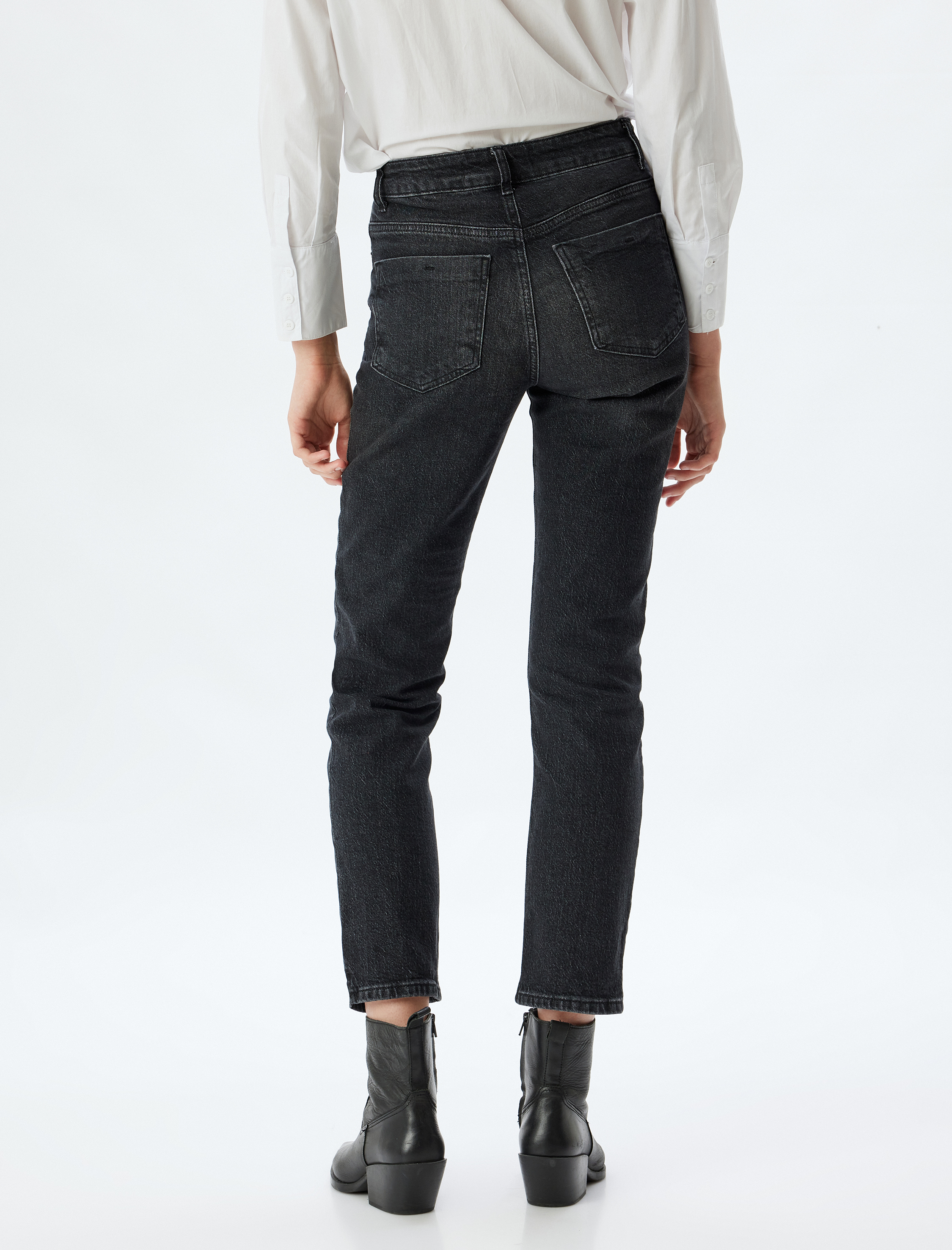   Yüksek Bel Kot Pantolon Düz Paça Düğmeli Pamuklu - Slim Straight Fit Jean