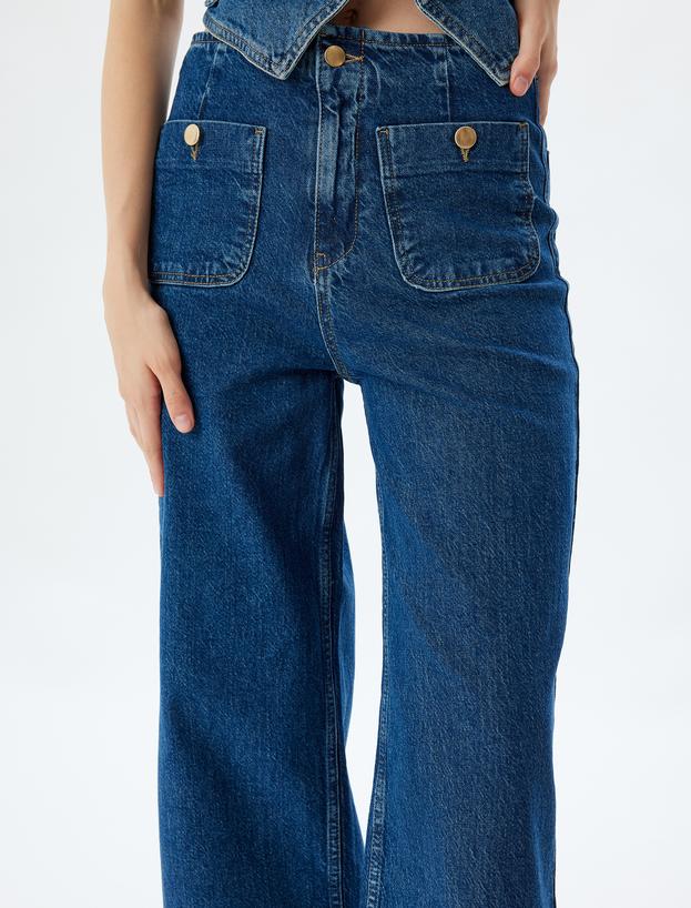 Yüksek Bel Kot Pantolon Geniş Kısa Paça Düğmeli Cep Detaylı - Culotte Jean_4