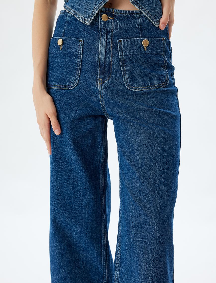   Yüksek Bel Kot Pantolon Geniş Paça Cepli - Culotte Jean