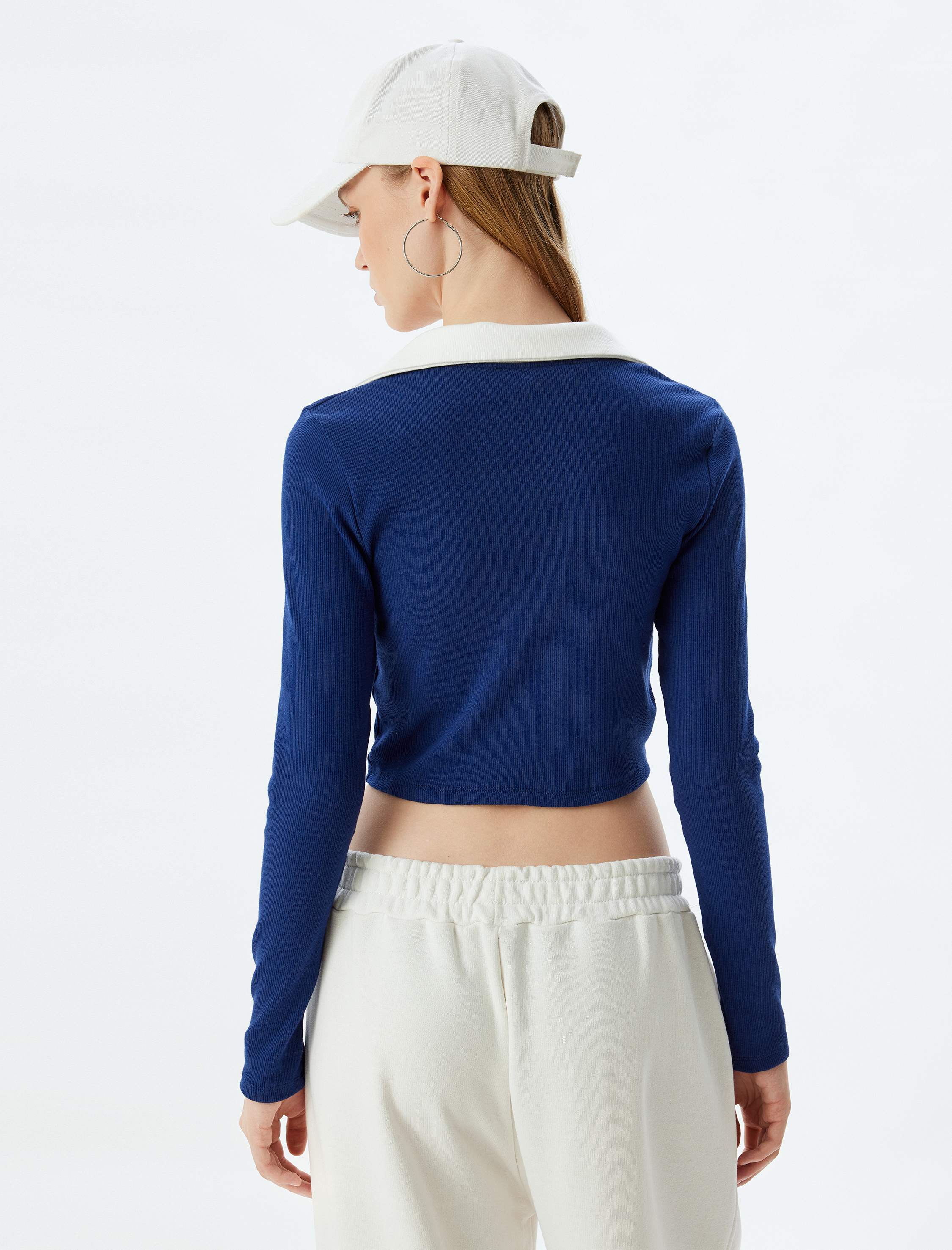 Polo Yaka Tişört Crop Uzun Kollu Biyeli
