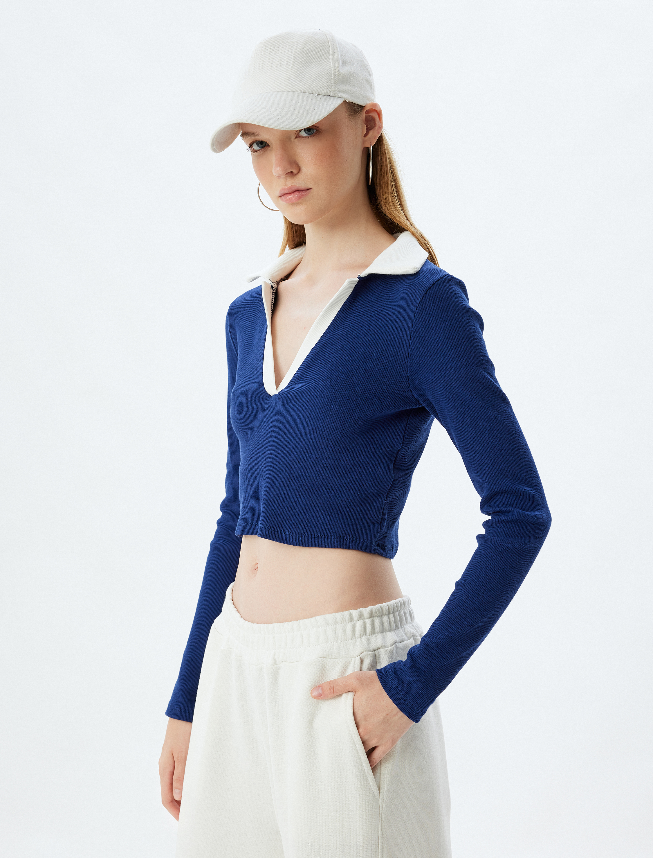 Polo Yaka Tişört Crop Uzun Kollu Biyeli